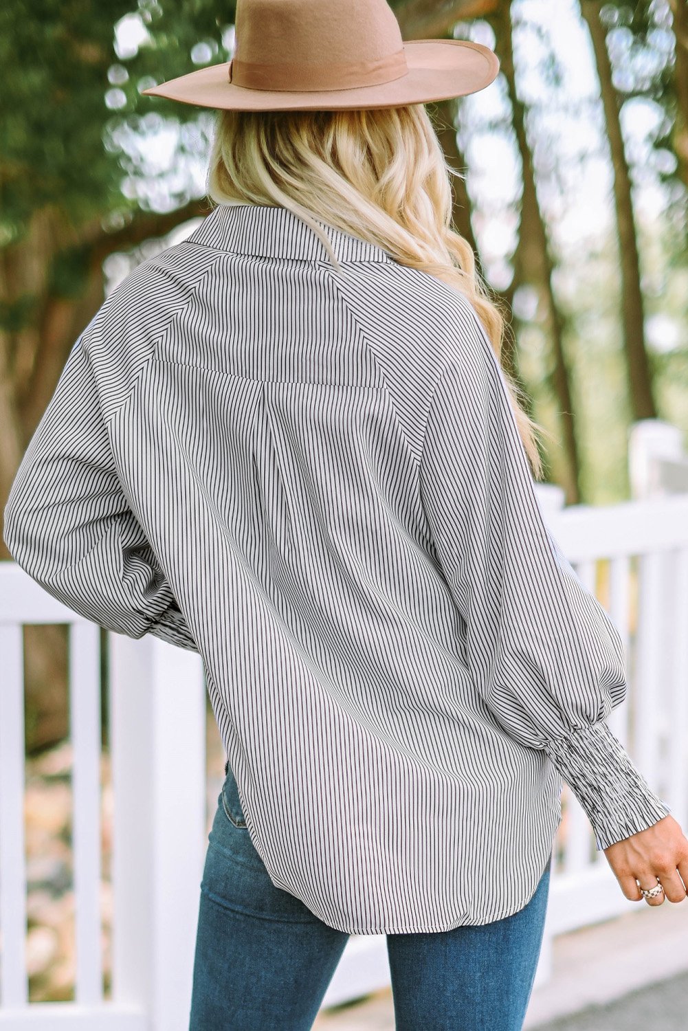 💥LAST DAY SALE 50% OFF💥Mid-Length Smocked Shirt With Striped Lapel And Oversized Drawdown Sleeves