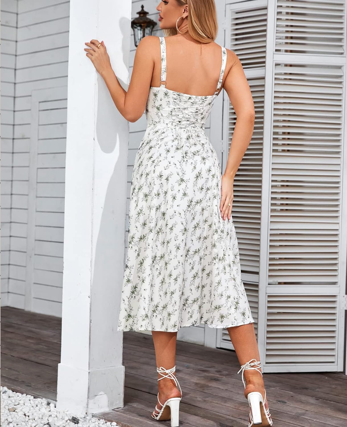 Floral Midi Corset Dress Boho Flowy Slit Lace Up Dresses for Women Going Out A Line Casual Sundress