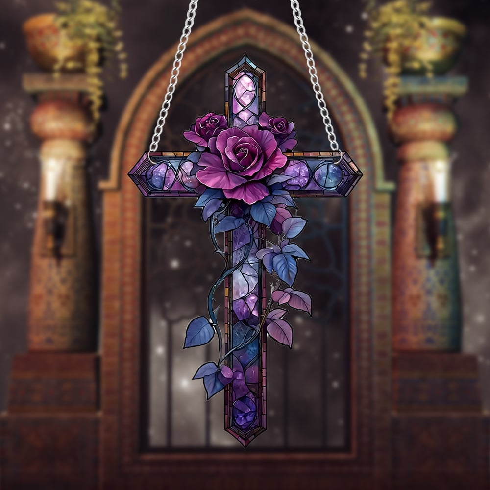 ✝️💜Purple Rose Cross Suncatcher Hanging Decor