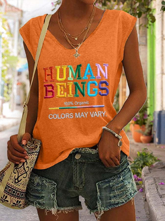 V Neck Retro Human Beings 100% Organic Colors May Vary Human Rights Equality Pride Print Tank Tops