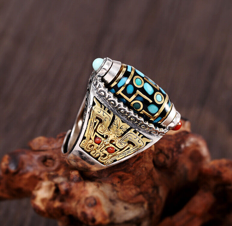 🔥Hot Sale 50% OFF🔥Handmade Turquoise Six-character Mantra Nine-eyed Dzi Bead Ring