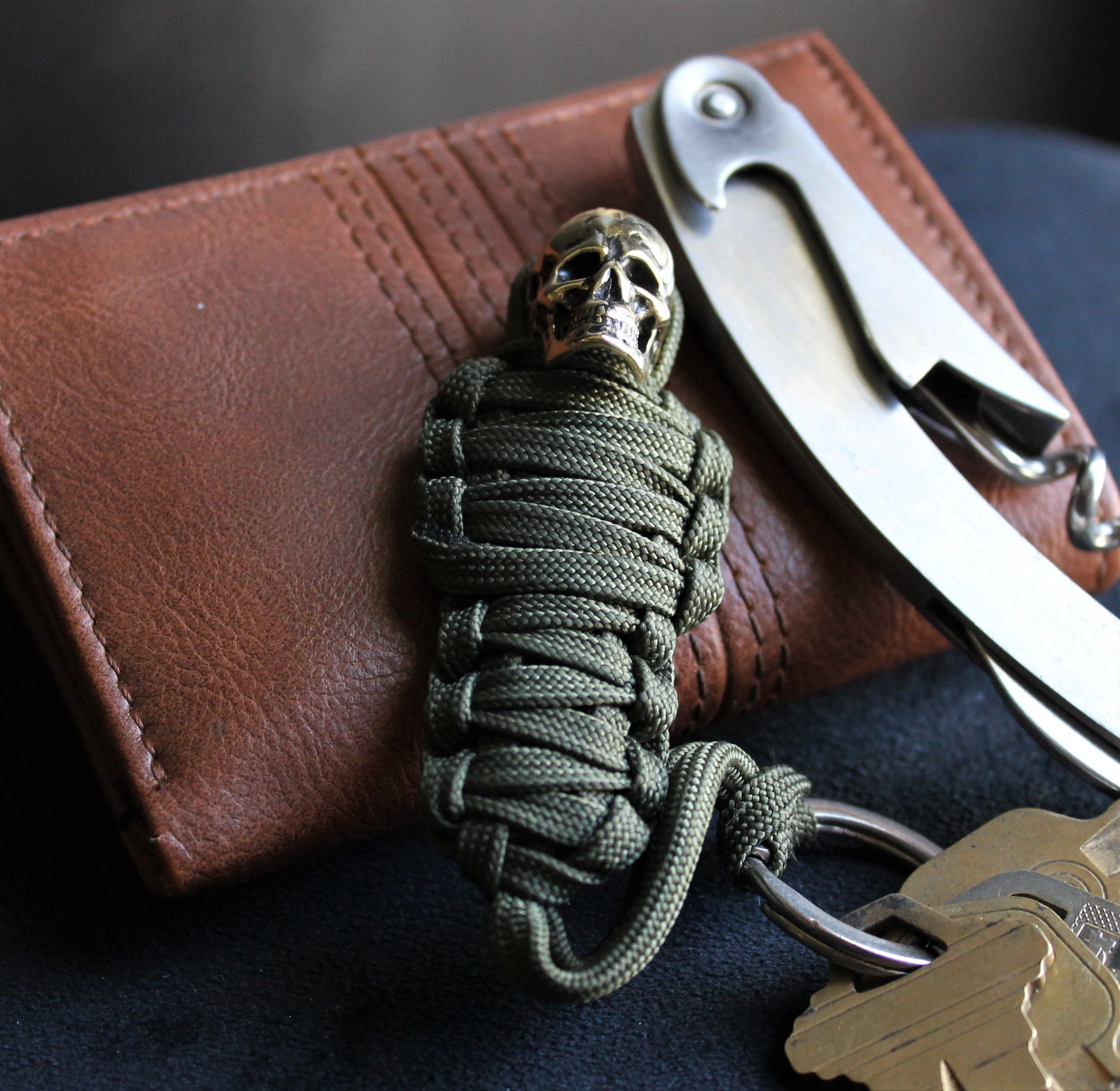 💀Paracord Keychain Mummy Brass Skull --Handmade EDC Zipper Lanyard Knife Bead