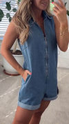 Women's Lapel Sleeveless Zipper Denim Jumpsuit