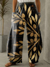 Women Cotton Foliage Printed Loose Elastic Waist Pants