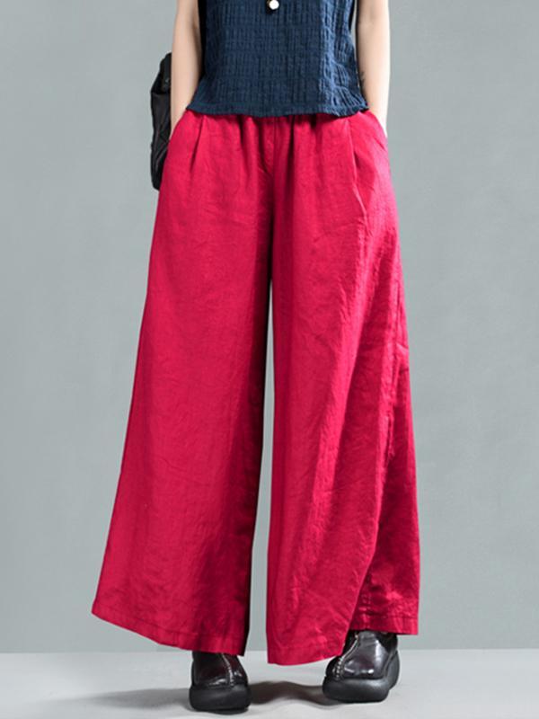 Harriett Vintage Casual Elastic-waist Linen Wide Leg Pants with Pockets