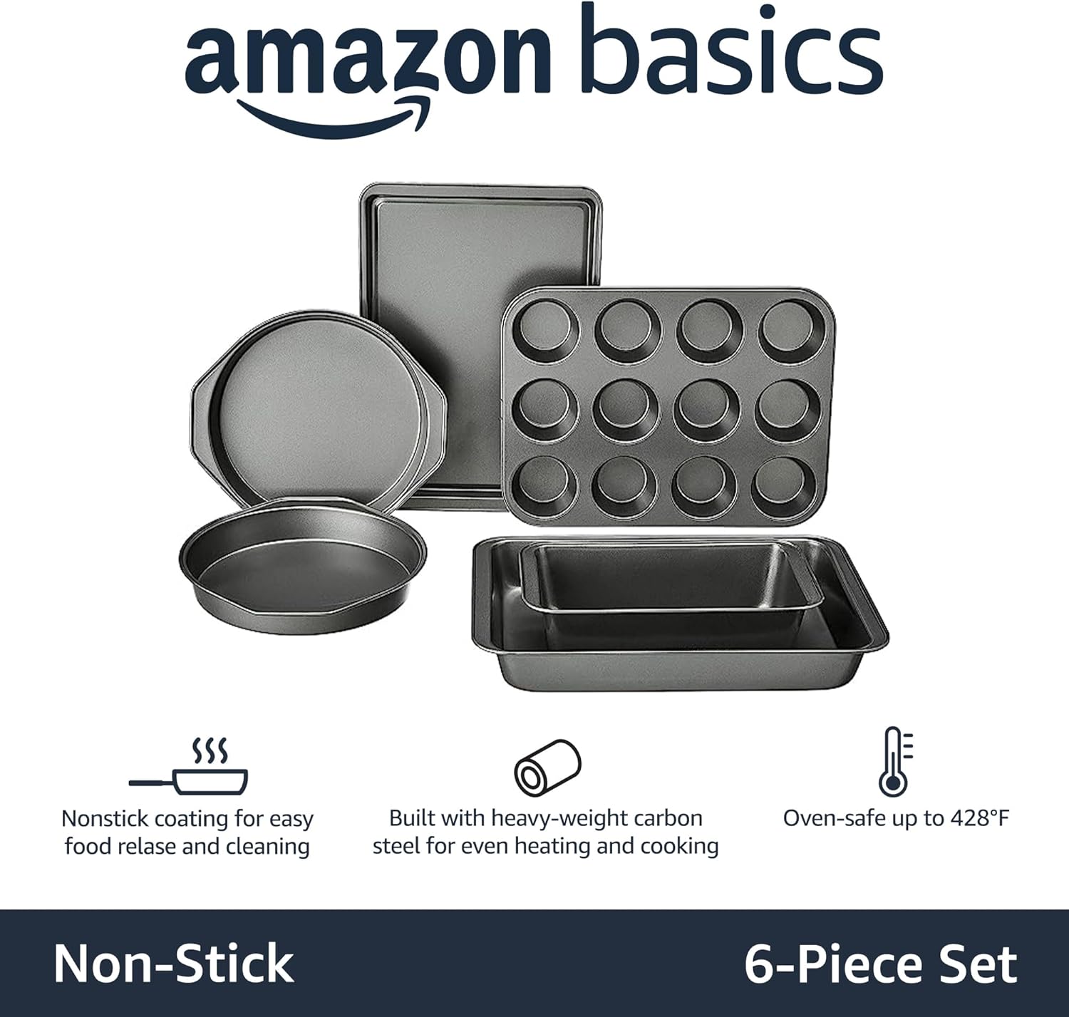 Amazon Basics 6 Piece Nonstick, Carbon Steel Oven Bakeware Baking Set, 40.5 cm x 28.5 cm x 15 cm