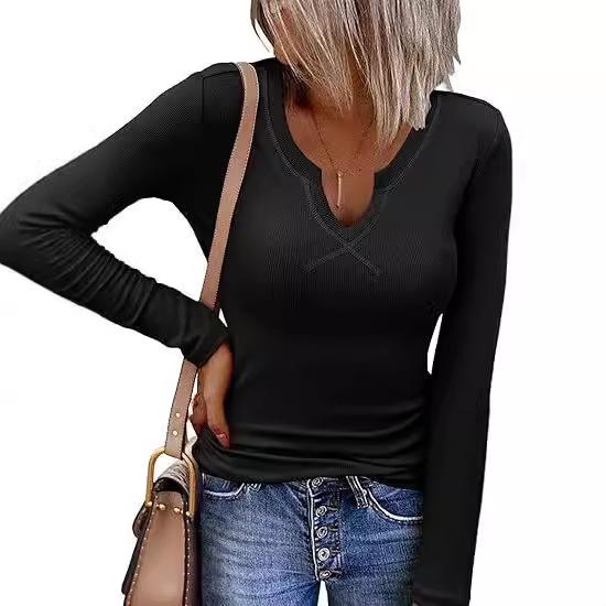 Deep U-neck Cross-neck Long-sleeved T-shirt Top