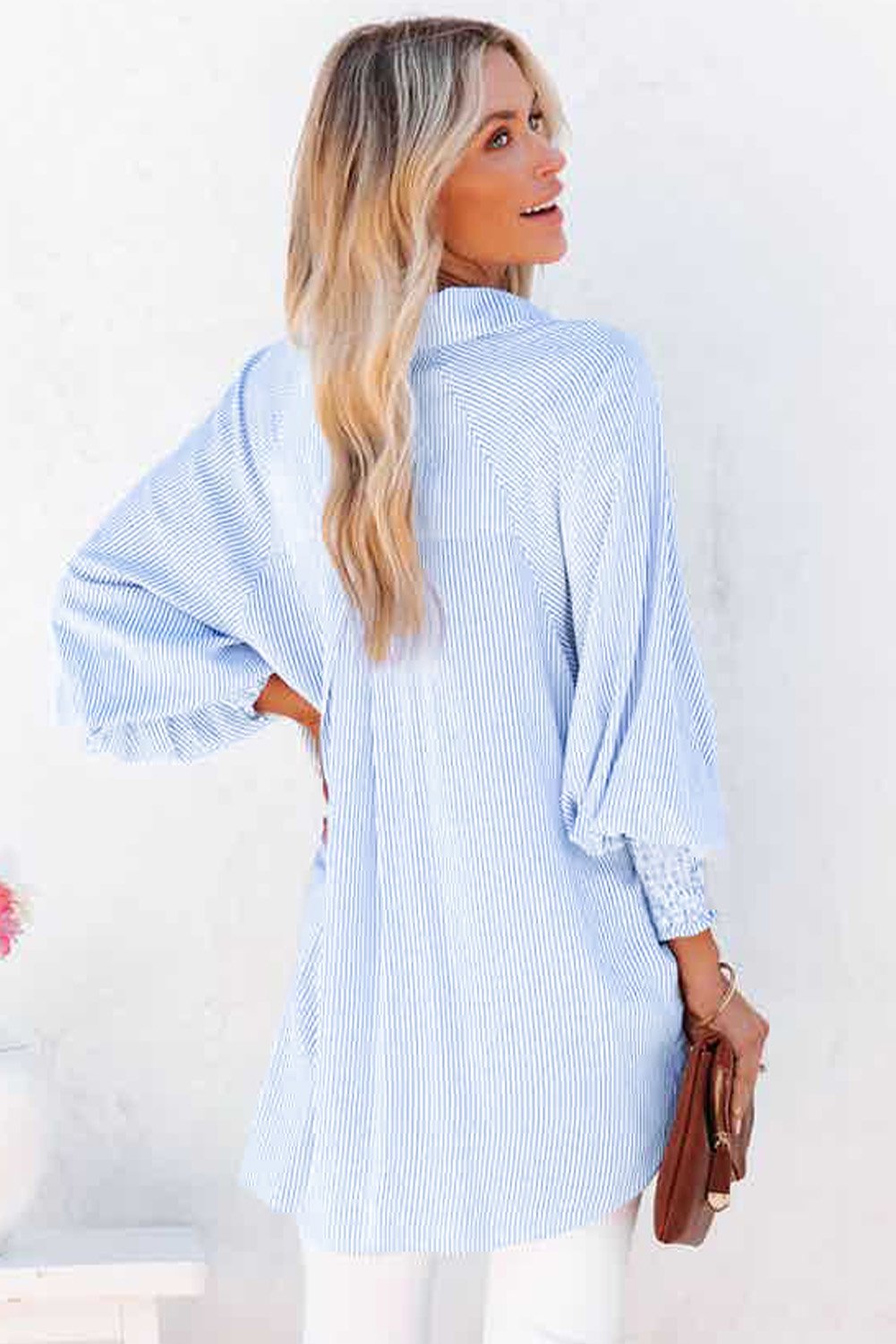 💥LAST DAY SALE 50% OFF💥Mid-Length Smocked Shirt With Striped Lapel And Oversized Drawdown Sleeves