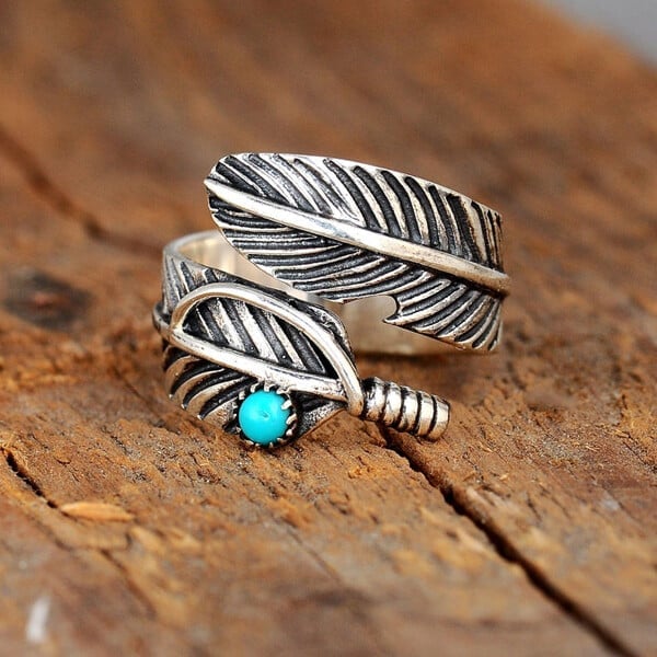 🔥 Last Day Promotion 70% OFF🎁Boho Feather Turquoise Adjustable Ring