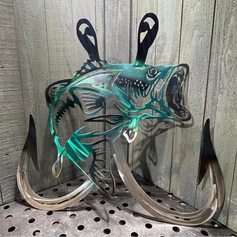 🔥Metal Bass Fish with Hooks Plasma Cut Sign Art