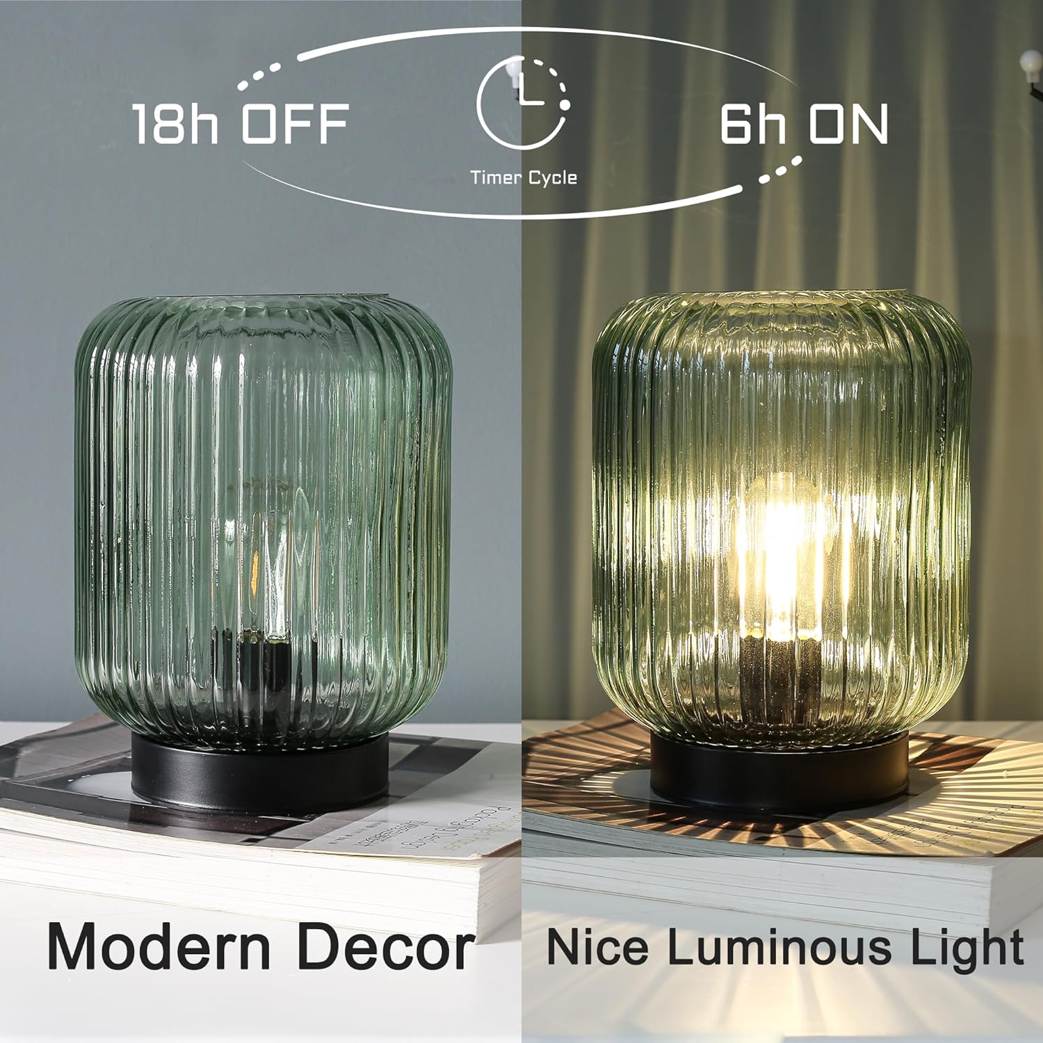 Battery Operated Lamp, Cordless Table Lamps for Home Decor, Battery Powered Nightlight with LED Bulb, Decorative Glass Beside Lamp for Bedroom Living Room-Green