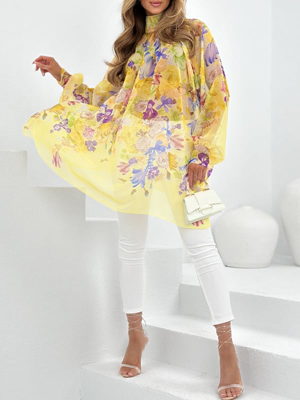 Women's Stand Collar Chiffon Printed Casual Top