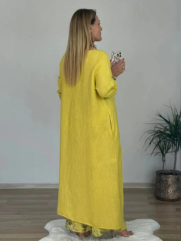 Linen Blend Crew Neck Long Sleeve Irregular Loose Top and Elastic Waist Floral Print Casual Pocket Set