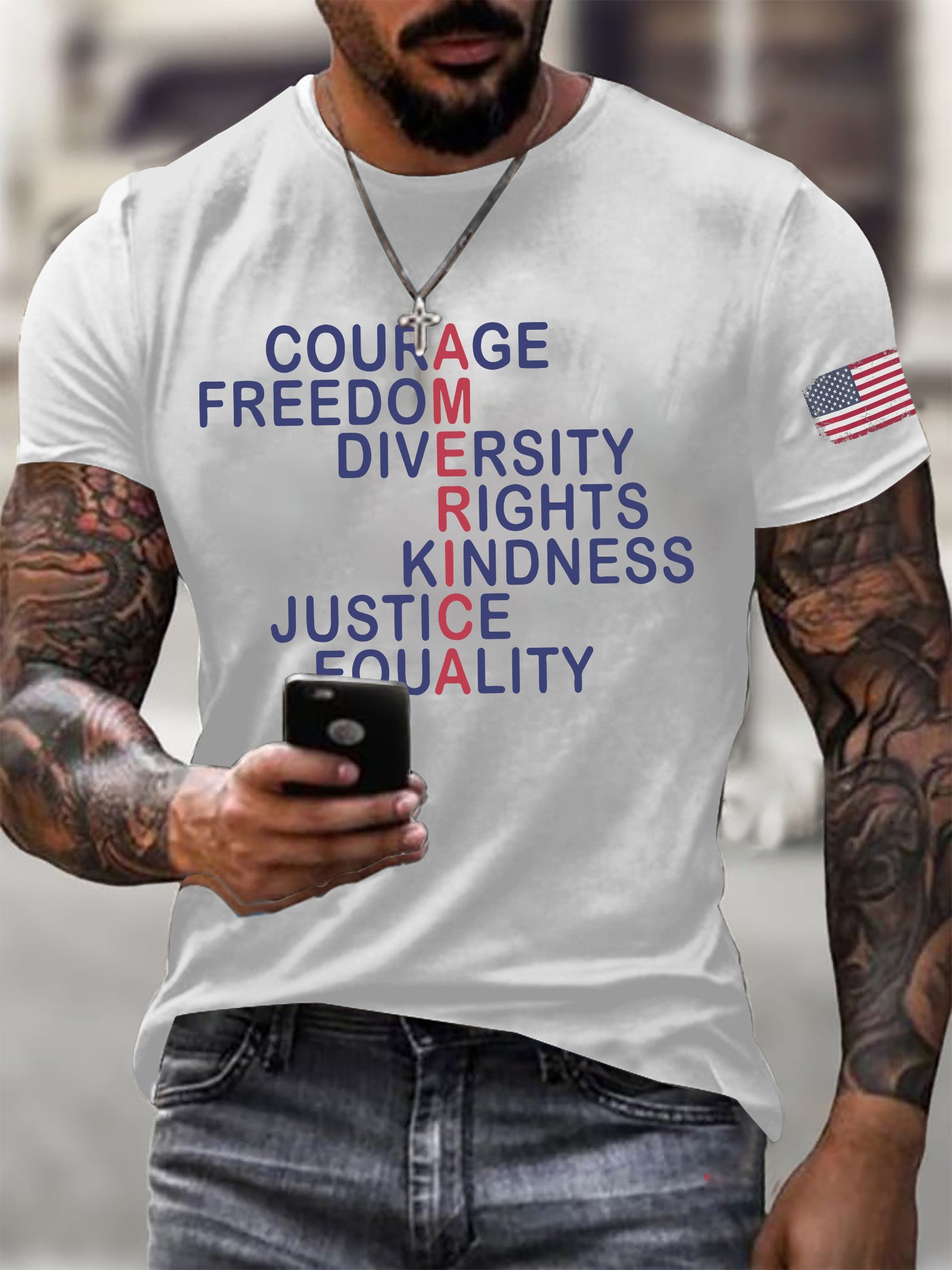 Men's Retro America Courage Freedom Diversity Rights Kindness Justice Equality Print T-Shirt