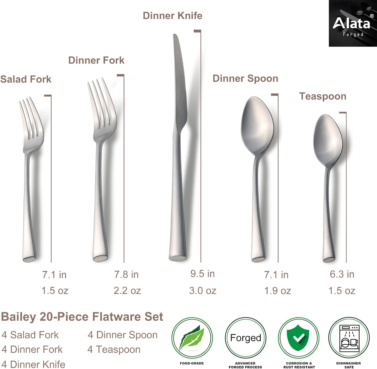 Alata Potter 20-Piece Forged Silverware Set Stainless Steel Flatware Set Cutlery Set,Service for 4,Mirror Finish,Dishwasher Safe