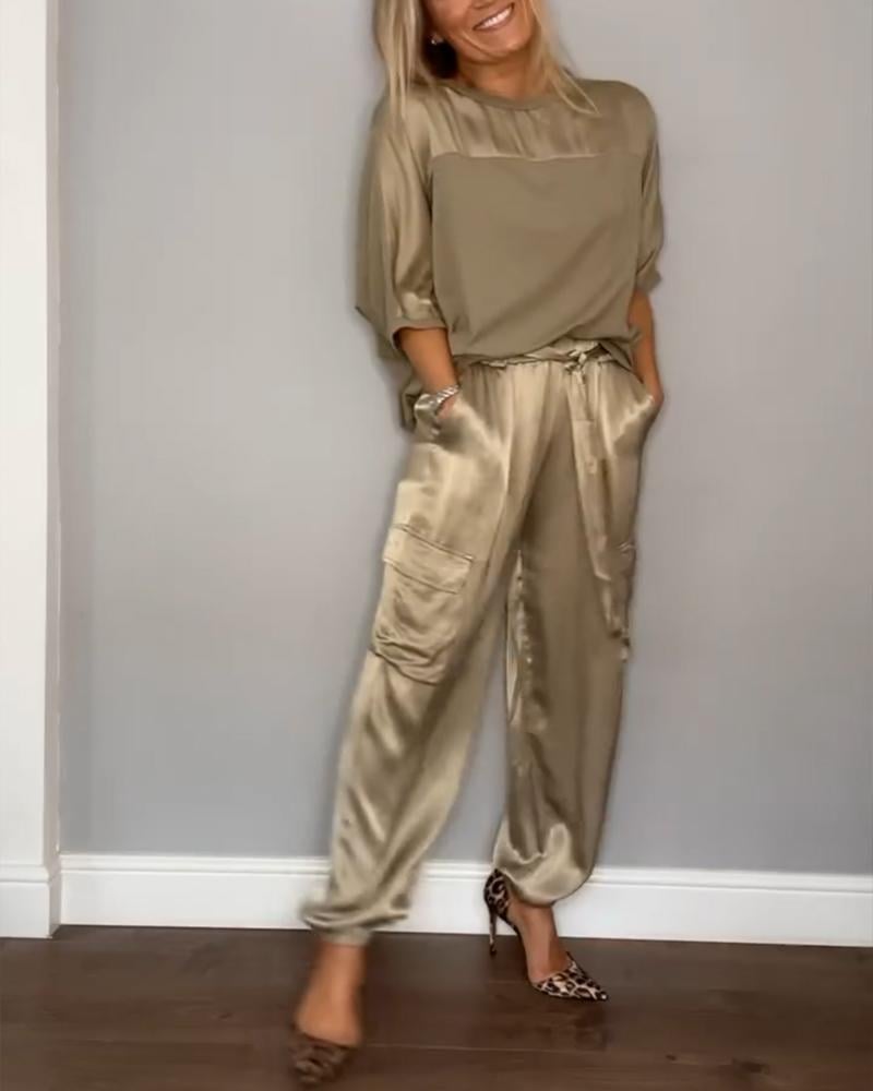 Women's Smooth Satin Half-sleeved Top and Pant Two-piece Suit