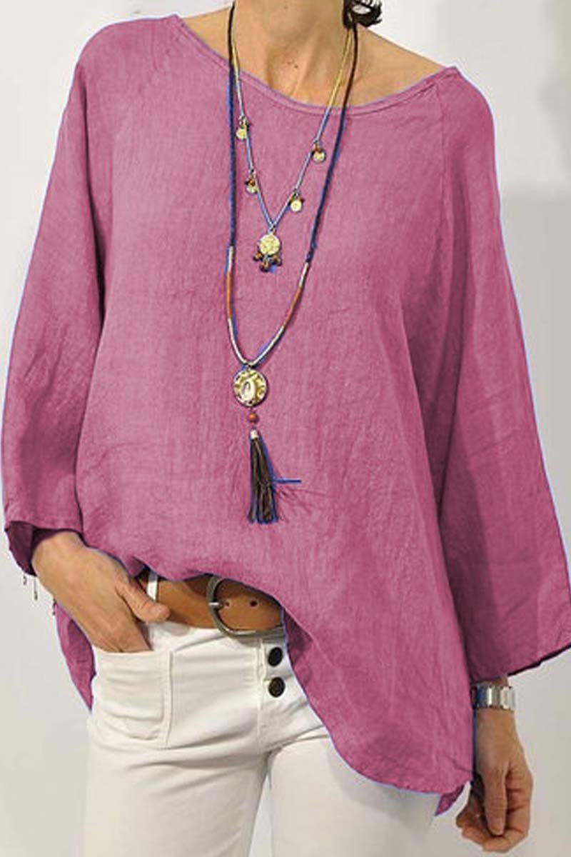 Women's solid color cotton and linen round neck nine-quarter sleeve top