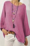 Women's solid color cotton and linen round neck nine-quarter sleeve top