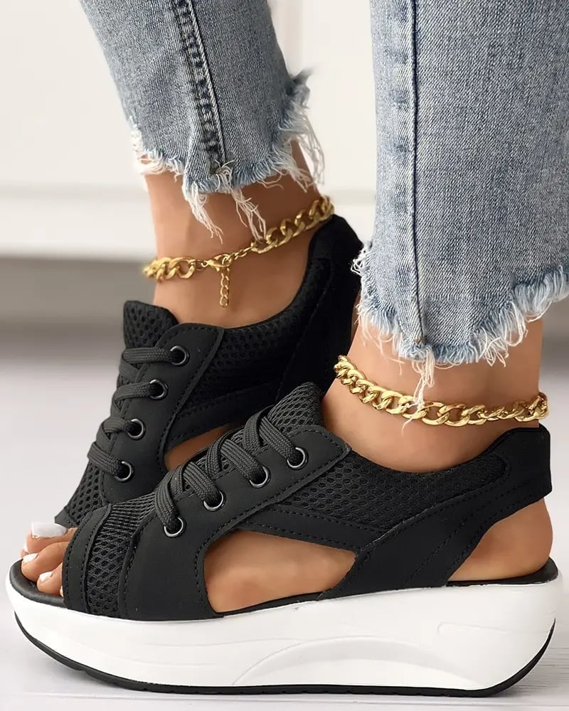 (🎉Last Day Promotion 50% OFF) Contrast Paneled Cutout Lace-up Muffin Sandals - Buy 2 Get Extra 10% OFF & FREE SHIPPING