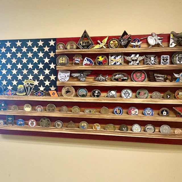 🔥Rustic American Flag Challenge Coin Display Shelf, Wooden Flag- Buy 2 Get Extra 10% Off