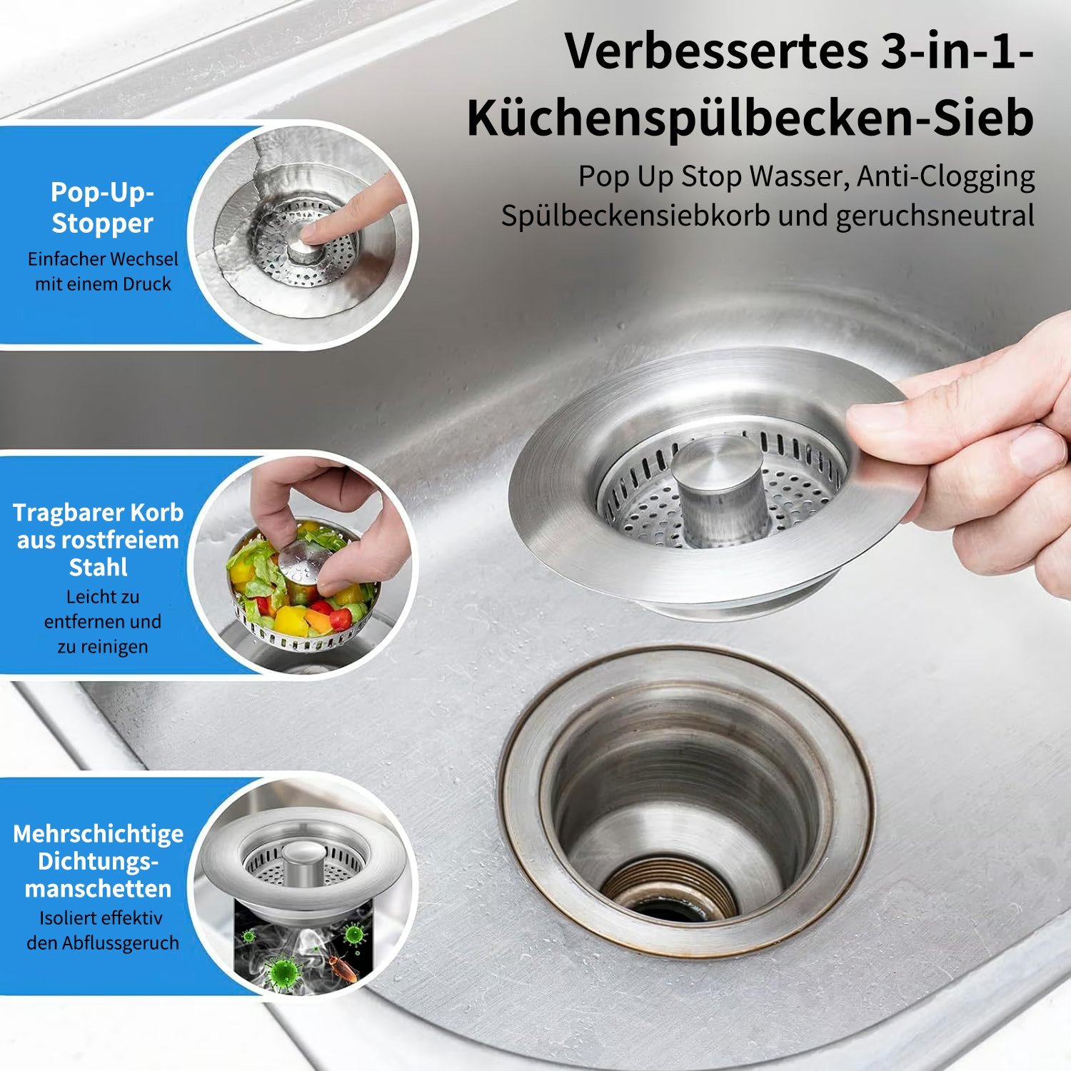 🔥Letzter Tag 50% RABATT – Verbessertes 3-in-1-Abflusssieb für die Küchenspüle