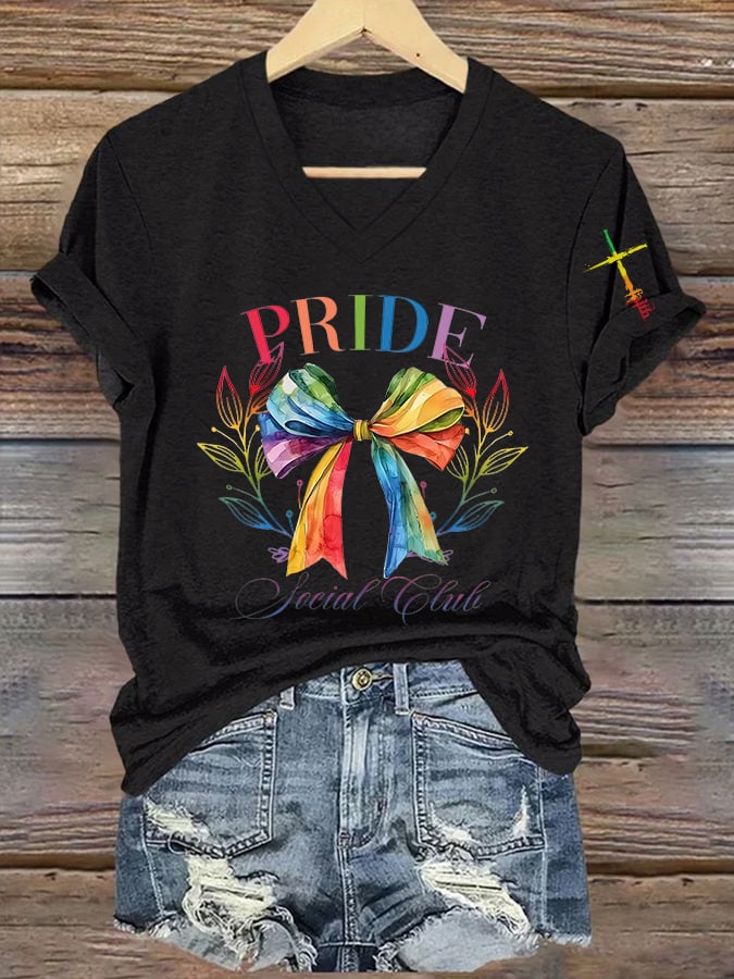 Women's Rainbow Bow Faith Club V-neck Print T-shirt Top