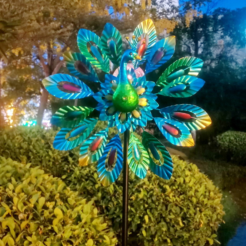 Solar-Powered Windmill with Colorful Fan Blades and Changing LED Light