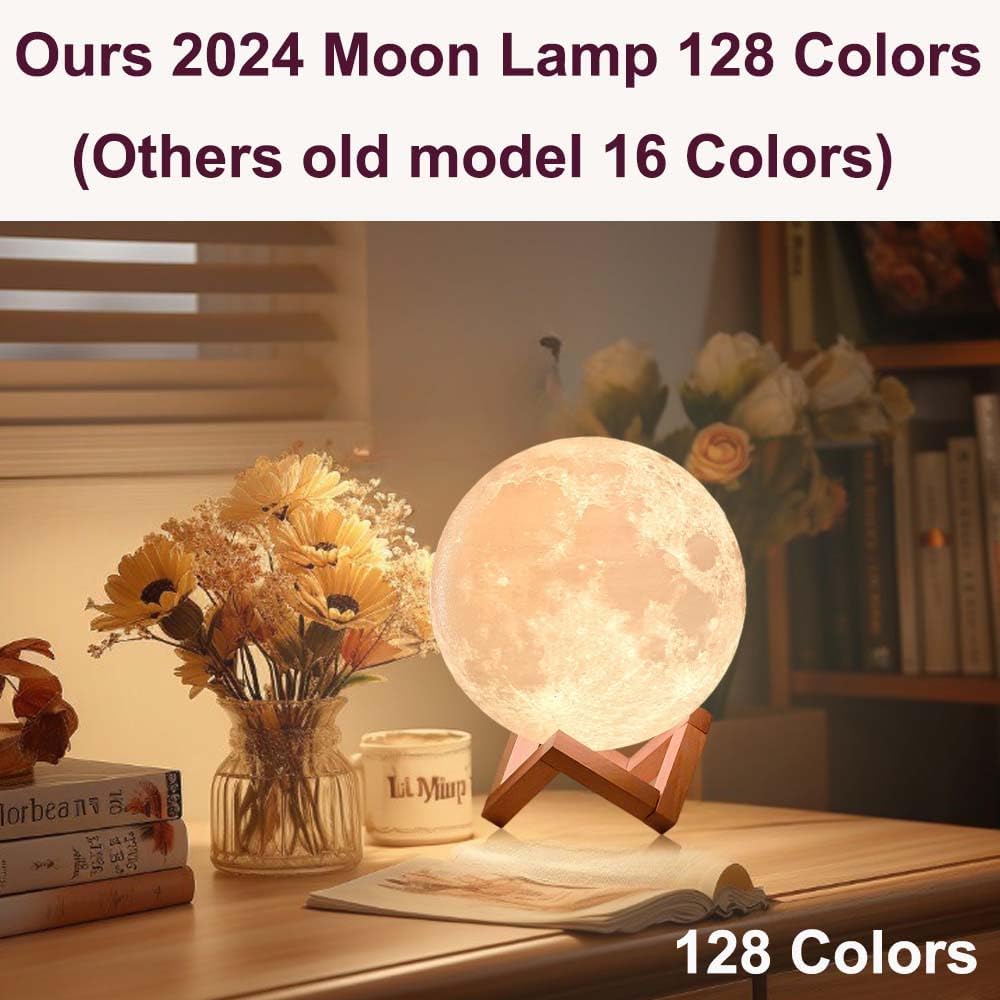 CPLA Moon Lamp 2024 Upgrade 6inch 128 Colors, Kids Room Decor Home Decor- 3D Printing Moon Night Light for Kids Adults- Gifts for Girls Boys Men Women Birthday- Wooden Stand & Remote/Touch Control