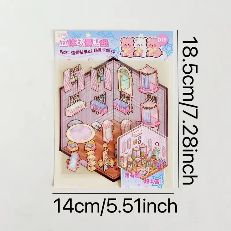 3D Puppy House Clothing Shop Dessert Shop Bookstore Sticker Scenes