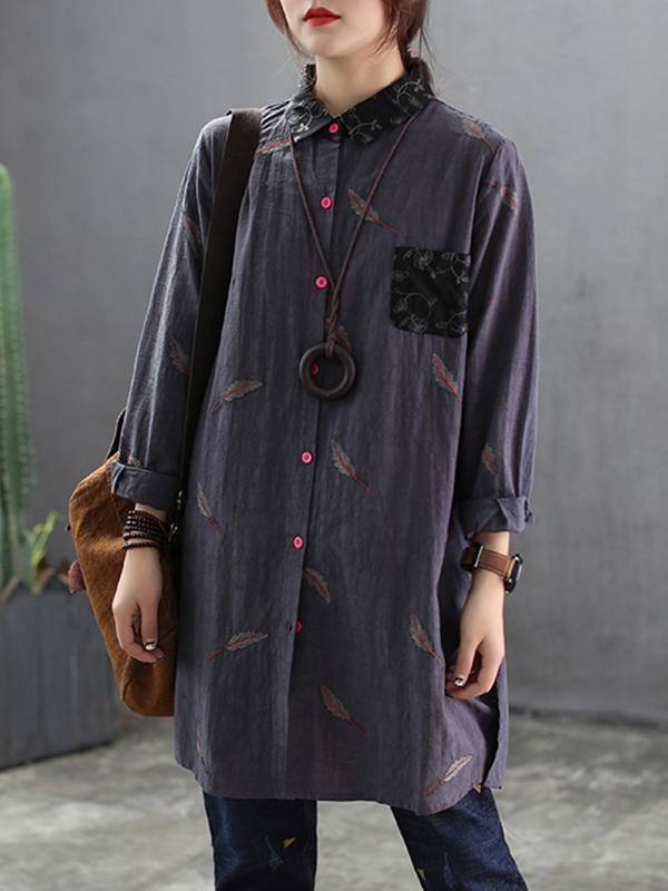 Eileen Vintage Linen Cotton Embroidery Shirt with Contrast Color