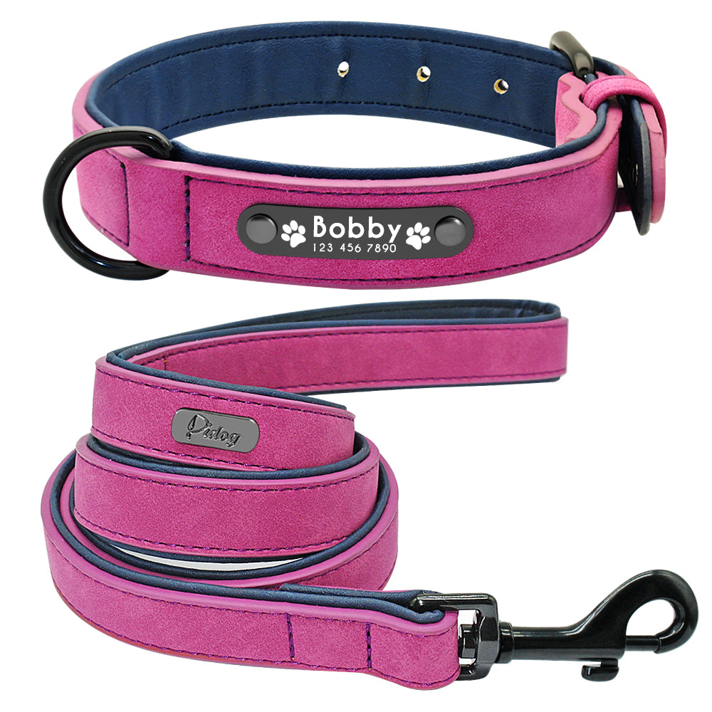 Personalized, Custom Engraved Leather Dog Collar & Leash Set