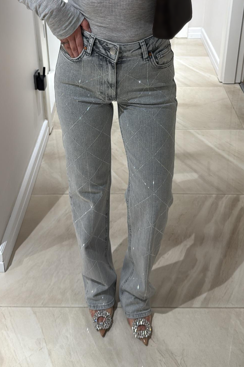 Women's Fashion High Waist Diamond Hot Diamond Straight Jeans