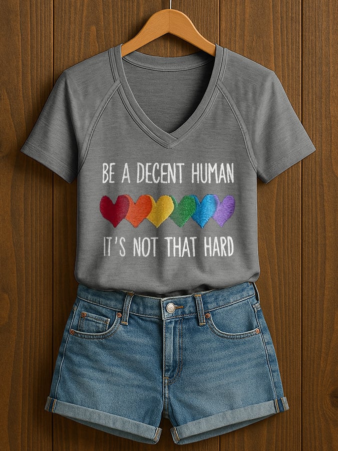 V-Neck Retro Women Be A Decent Human It's Not That Hard Print T-Shirt