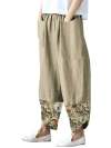 Women Printed Cotton Linen Splicing Irregular Wide-leg Pants