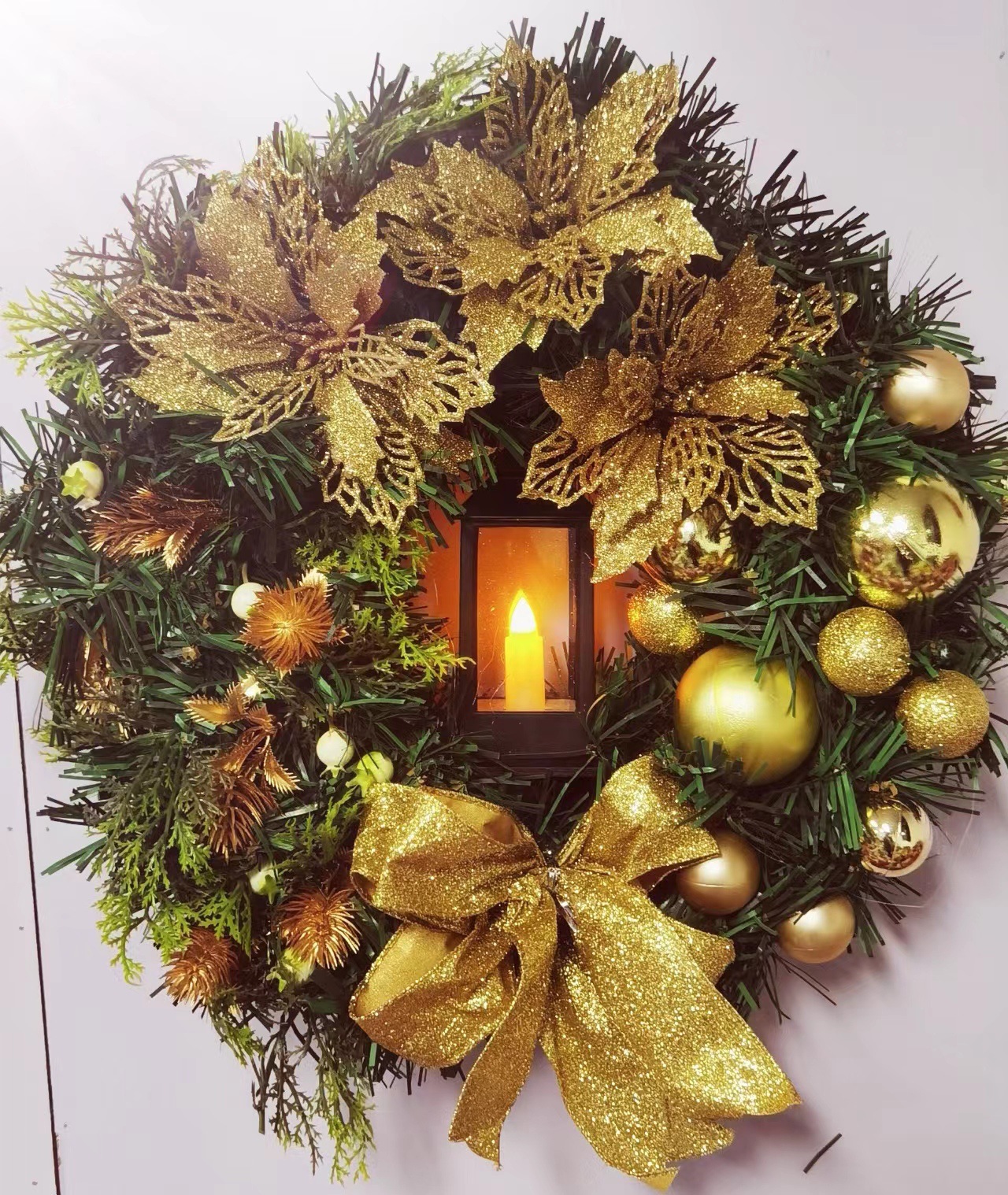 🍁Fall Harvest Sale: 60% OFF! Christmas Door Wreath with Red Flower, Bow & Candle