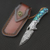 🐺 Damascus Pocket Knife – Handmade VG10 Steel with Abalone Shell Handl