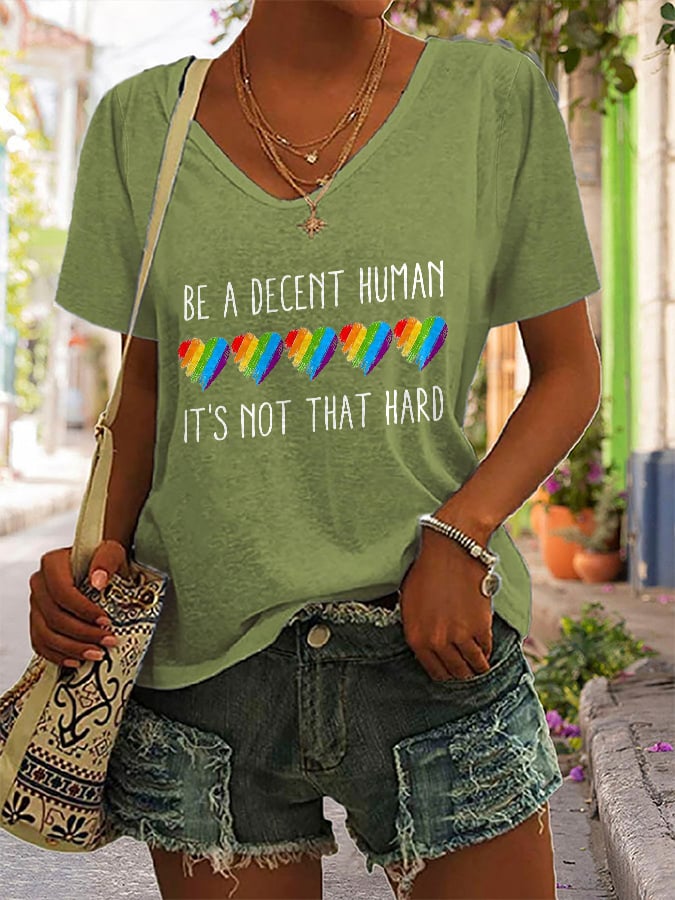 V-Neck Retro Be A Decent Human It's Not That Hard Print T-Shirt