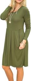 AUSELILY Women's Long Sleeve Pleated Loose Swing Casual Dress with Pockets Knee Length