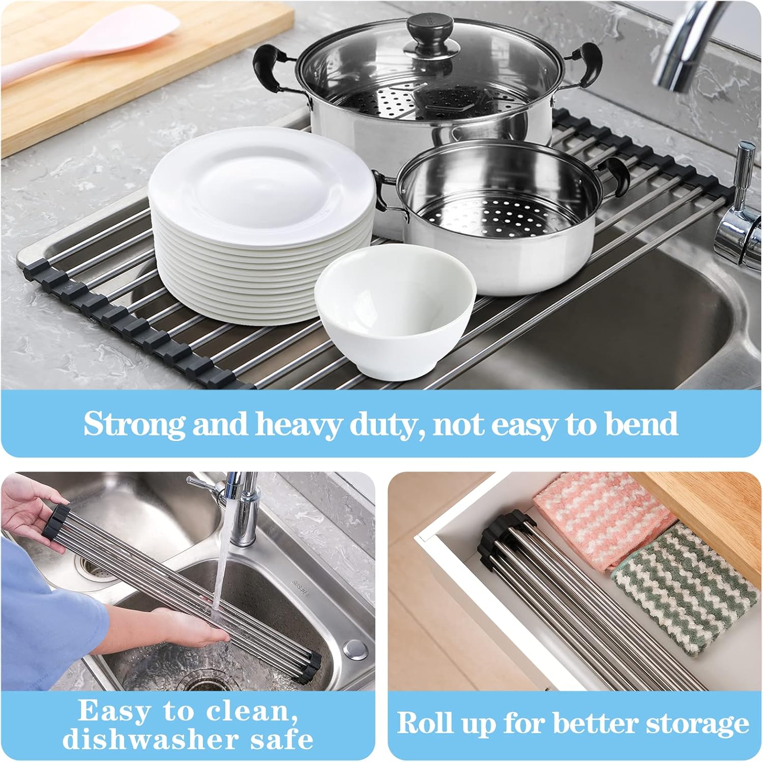 Seropy Roll Up Dish Drying Rack, Over The Sink Dish Drying Rack Kitchen Rolling Dish Drainer, Foldable Sink Rack Mat Stainless Steel Wire Dish Drying Rack for Kitchen Sink Counter Storage 17.5x11.8