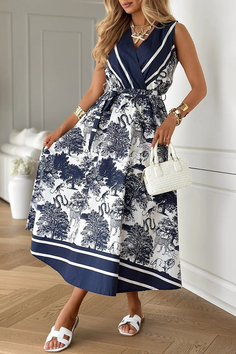 Ladies' V-neck Printed Patchwork Casual Dress