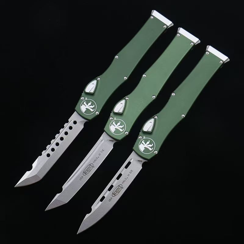OTF micro-tech green handle Halo 6 lever straight jump knife