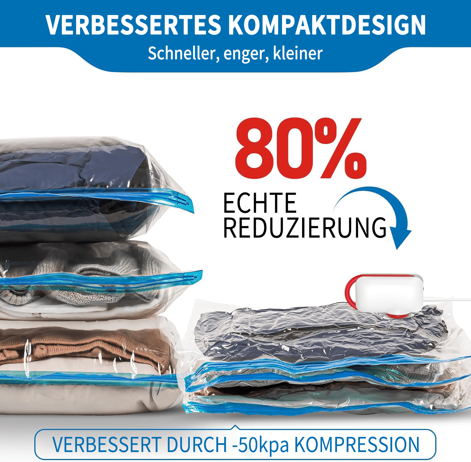 🔥6er-Pack leichte Reisetaschen mit elektrischer Pumpe 🔥 Kompakte Vakuum-Aufbewahrungsbeutel für Kleidung