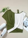 Dokotoo T Shirts for Women Twist Knot Color Block Loose Fit Cold Shoulder Tops for Women Fashion 2024