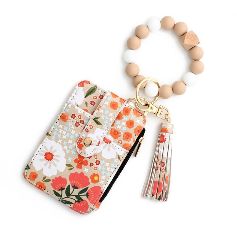 (🔥2024 Best Selling - 50% OFF) Floral leather small wallet with keychain and bracelet 🔥Buy More Save More!!!