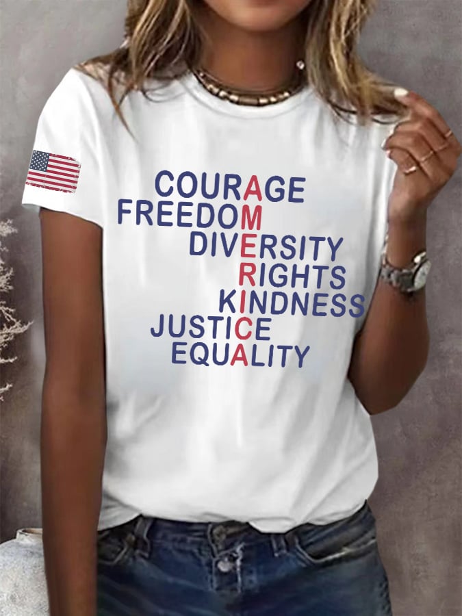Retro America Courage Freedom Diversity Rights Kindness Justice Equality Print T-Shirt