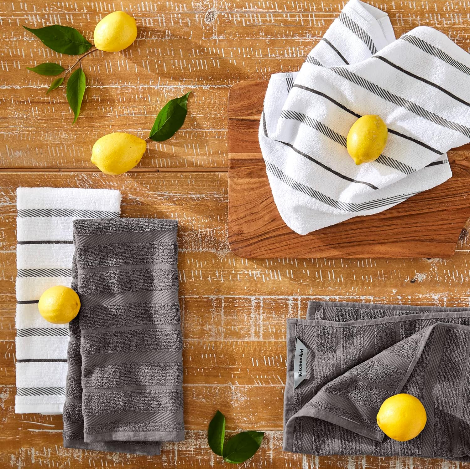 KitchenAid Albany Kitchen Towel 4-Pack Set, Grey/White, 16