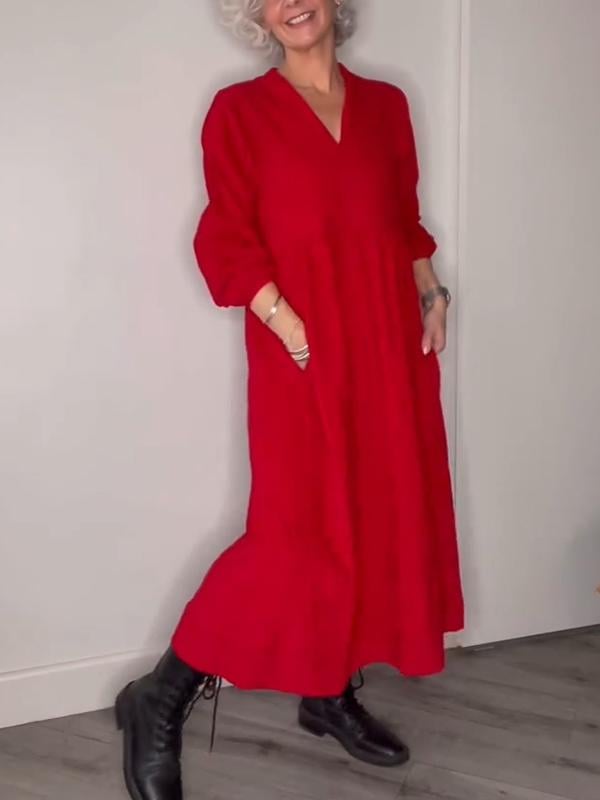 Women's Linen V-neck Solid Color Maxi Dress