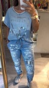 Women's V-neck Hot Stamping Tencel Denim Casual Suit