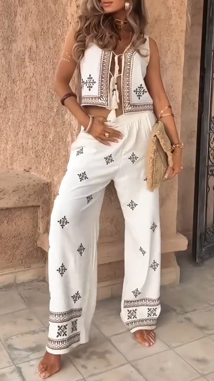 Ladies' Round Neck Vest Tassel Top+printed Pants Casual Suit