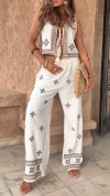 Ladies' Round Neck Vest Tassel Top+printed Pants Casual Suit